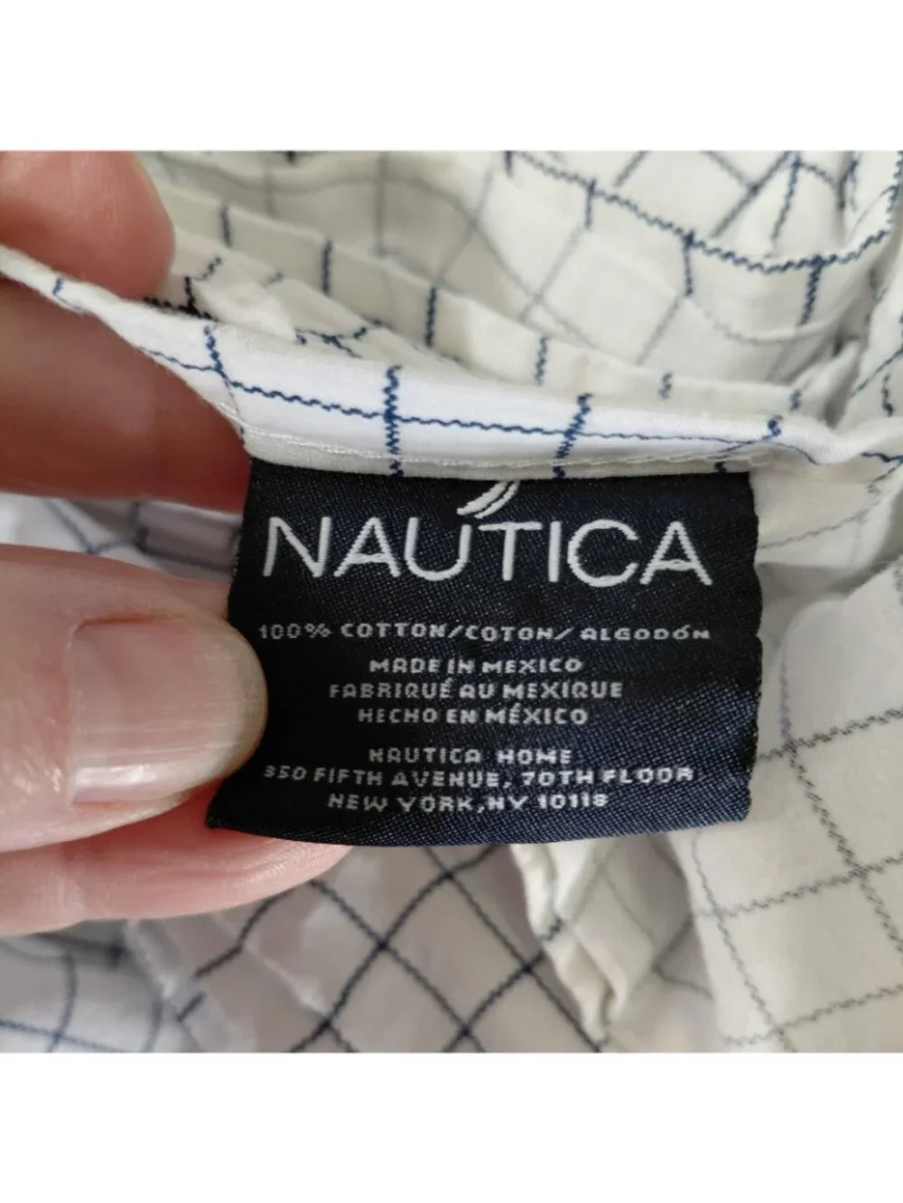 Nautica Queen Flat Sheet 85x101 White Navy Grid Check Cotton Bedding Flaws